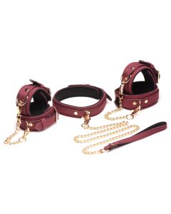 6-teiliges BDSM-Wildleder-Fessel-Set mit Halsband und Riemen - Burgandy