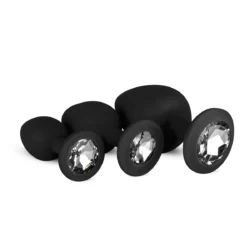 Analplug Set aus schwarzem Silikon mit Strasssteinen in drei Größen