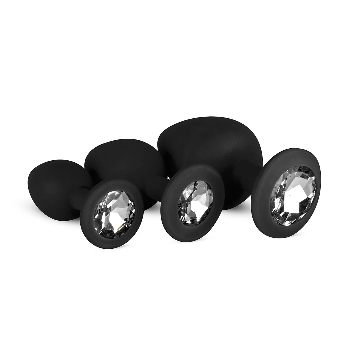 Analplug Set aus schwarzem Silikon mit Strasssteinen in drei Größen