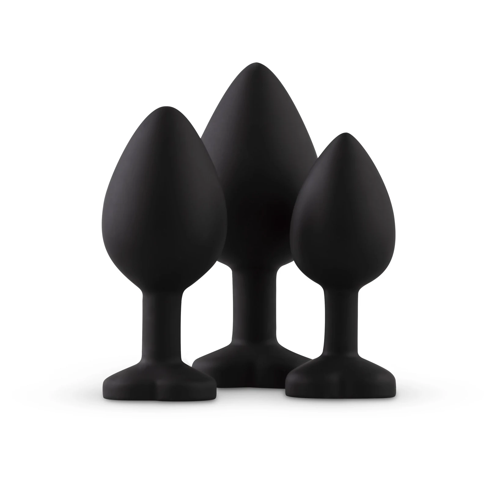 Schwarze Silikon-Analplugs in drei Größen mit flacher Basis und Schmuckstein