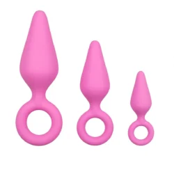 Analplug Set rosa mit drei Silikon-Plugs und Zugring in verschiedenen Größen
