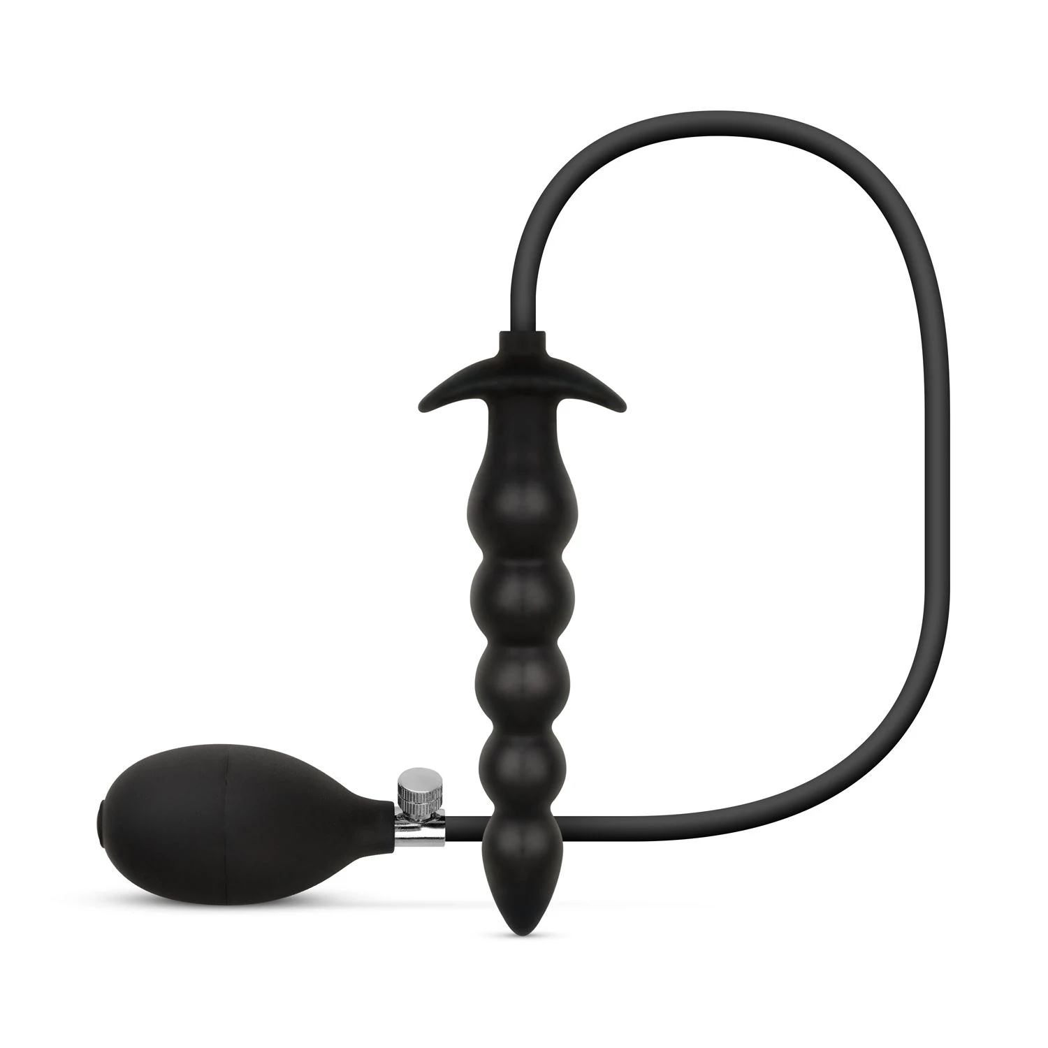 Aufblasbarer Analplug mit Pumpe, 20 cm, schwarz, gebogener Schaft und Perlen-Design