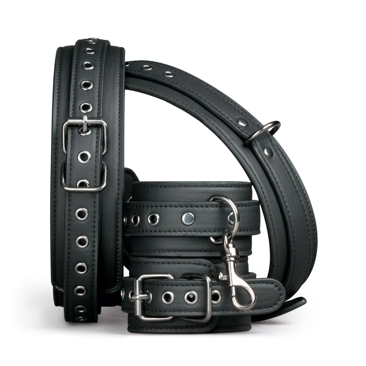 Schwarzes BDSM Fessel Set mit Oberschenkel- und Handgelenksmanschetten
