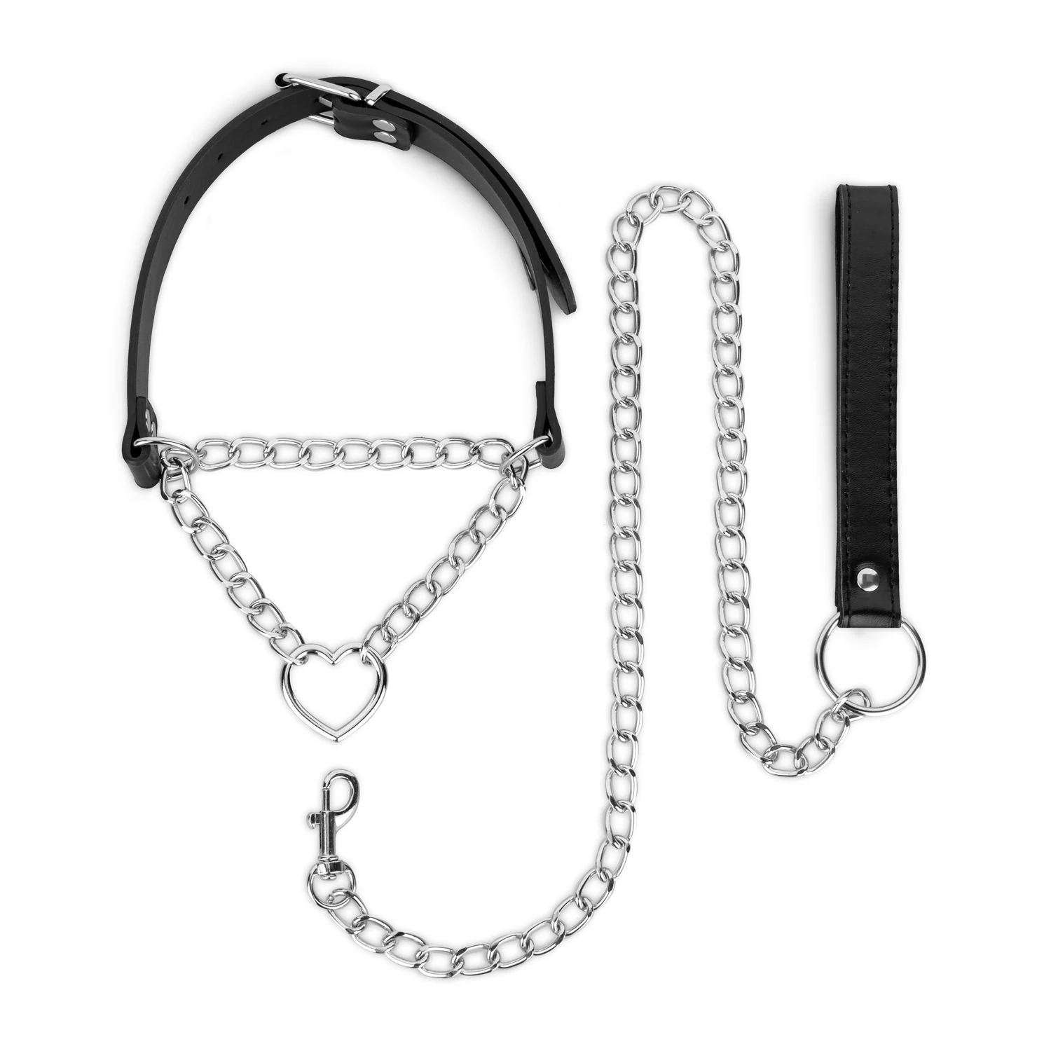 Silbernes Halsband mit passender Kette und Kunstlederdetails für Bondage