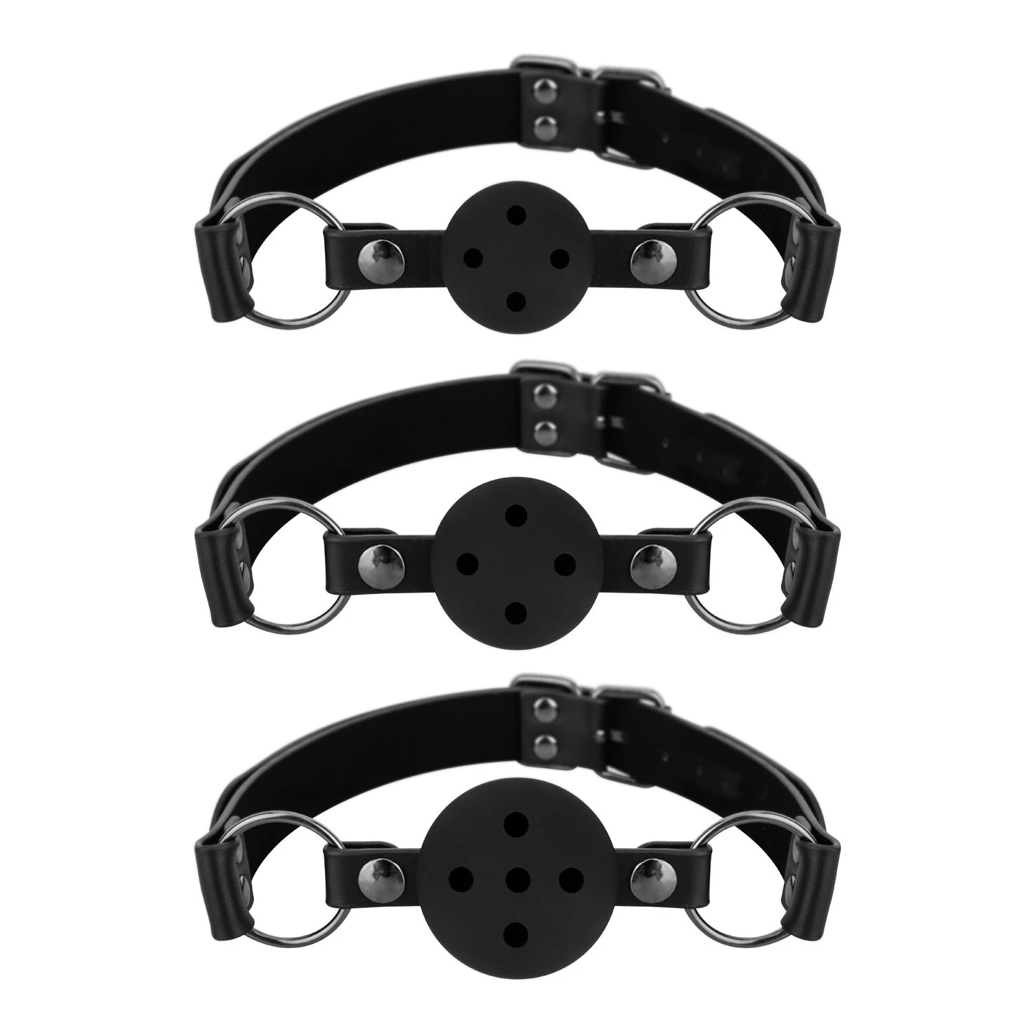 Schwarzes Set mit drei Ball Gags von Bedroom Fantasies mit Atemlöchern