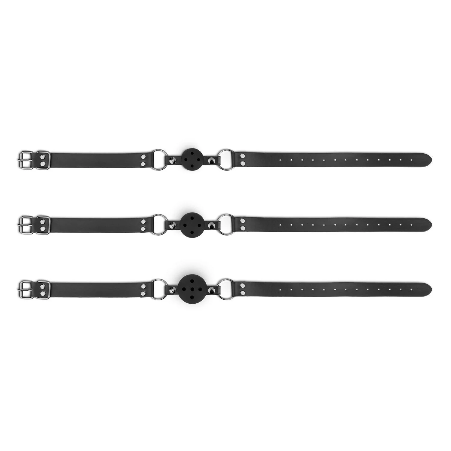 Drei schwarze Mundknebel im Ball Gag Set für unisex BDSM-Anwendungen