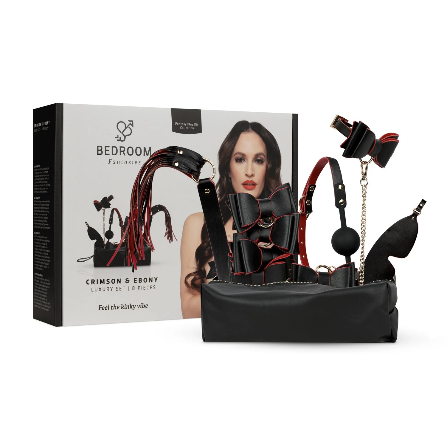 Crimson & Ebony Bondage Set mit Handschellen, Halsband, Leine, Ballknebel und Peitsche