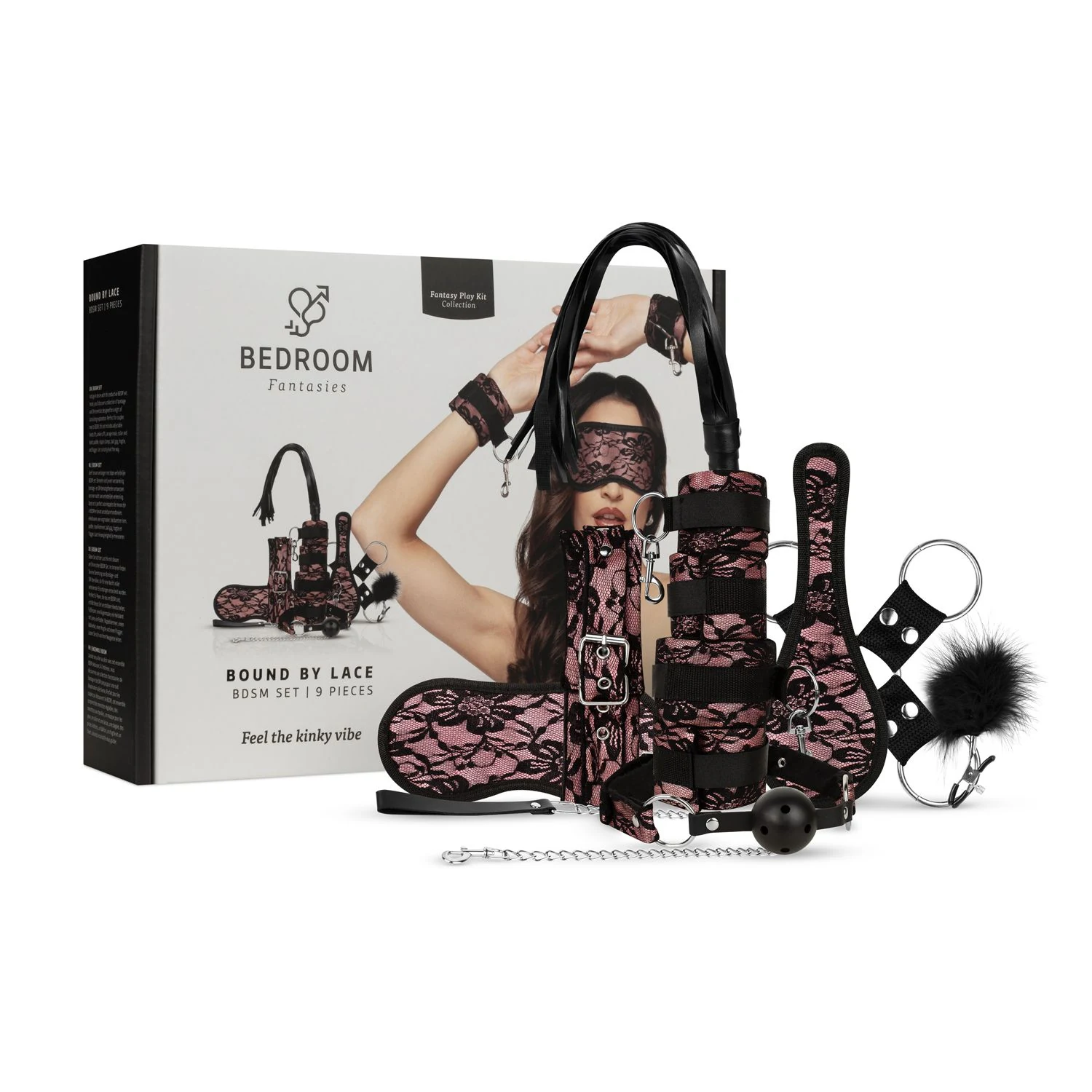 Bound by Lace SM-Set in Pink mit Spitzenfesseln und Paddle