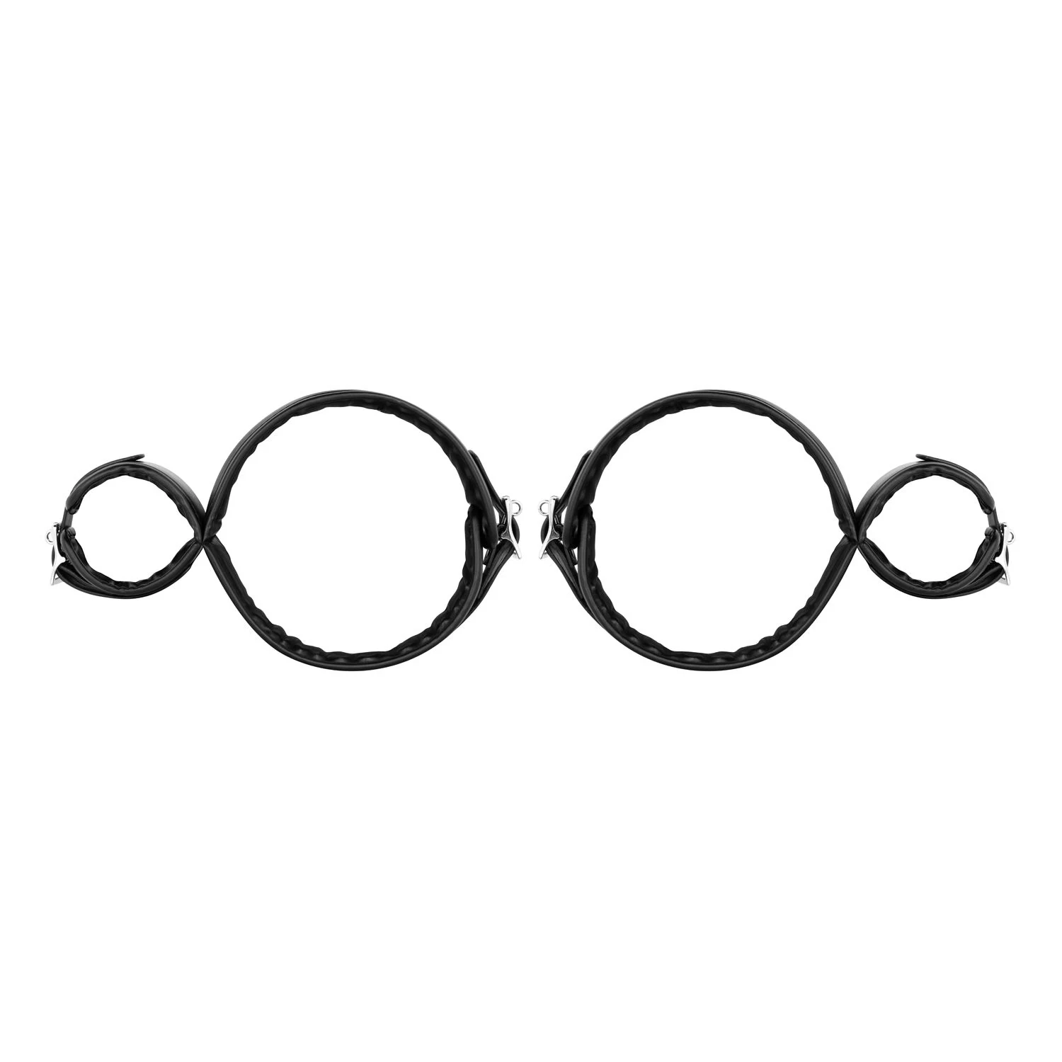 Schwarzes Bondage Set mit Riemen zur Verbindung von Handgelenken und Oberschenkeln