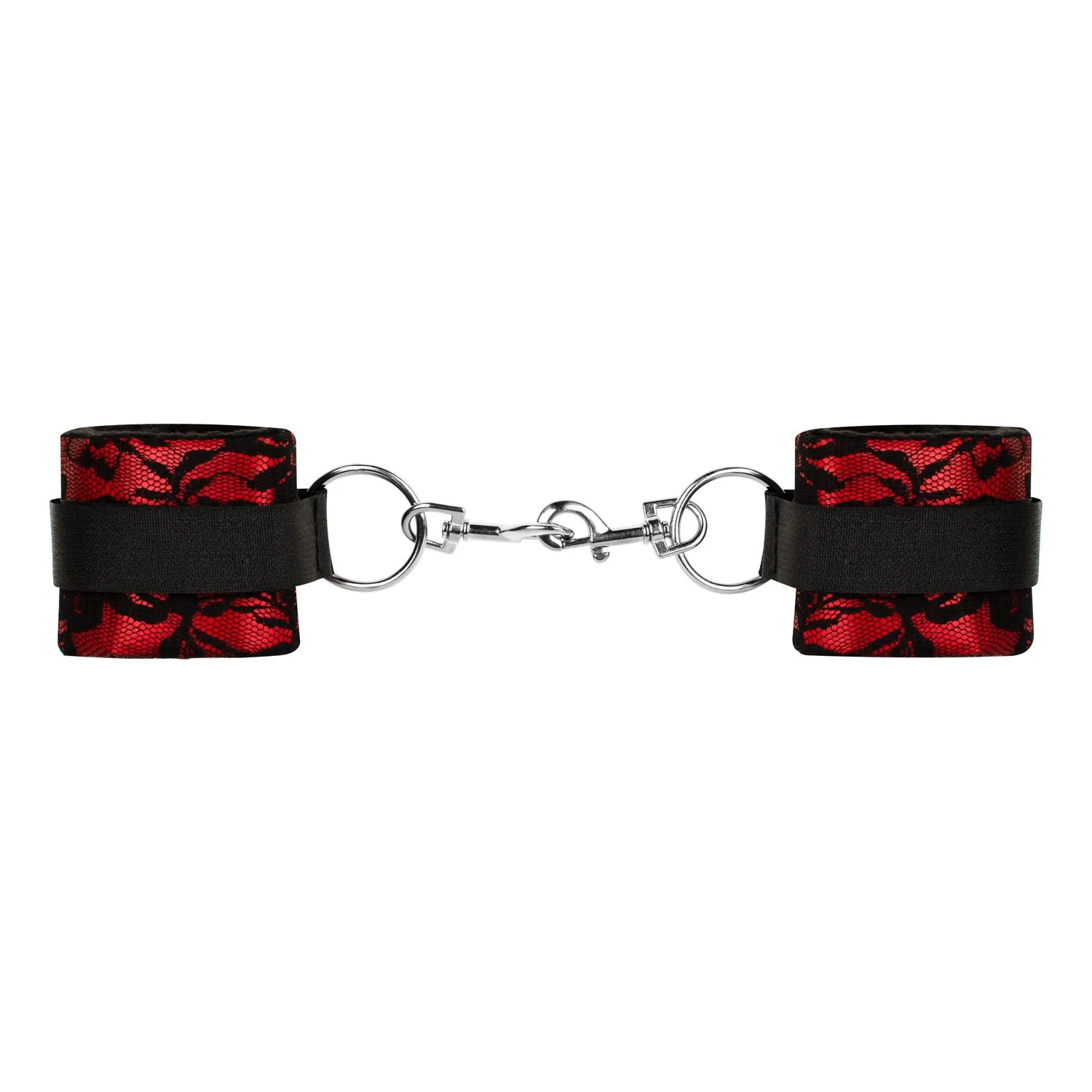 Robuste Handschellen als Teil des roten Lace & Leather Look Sets