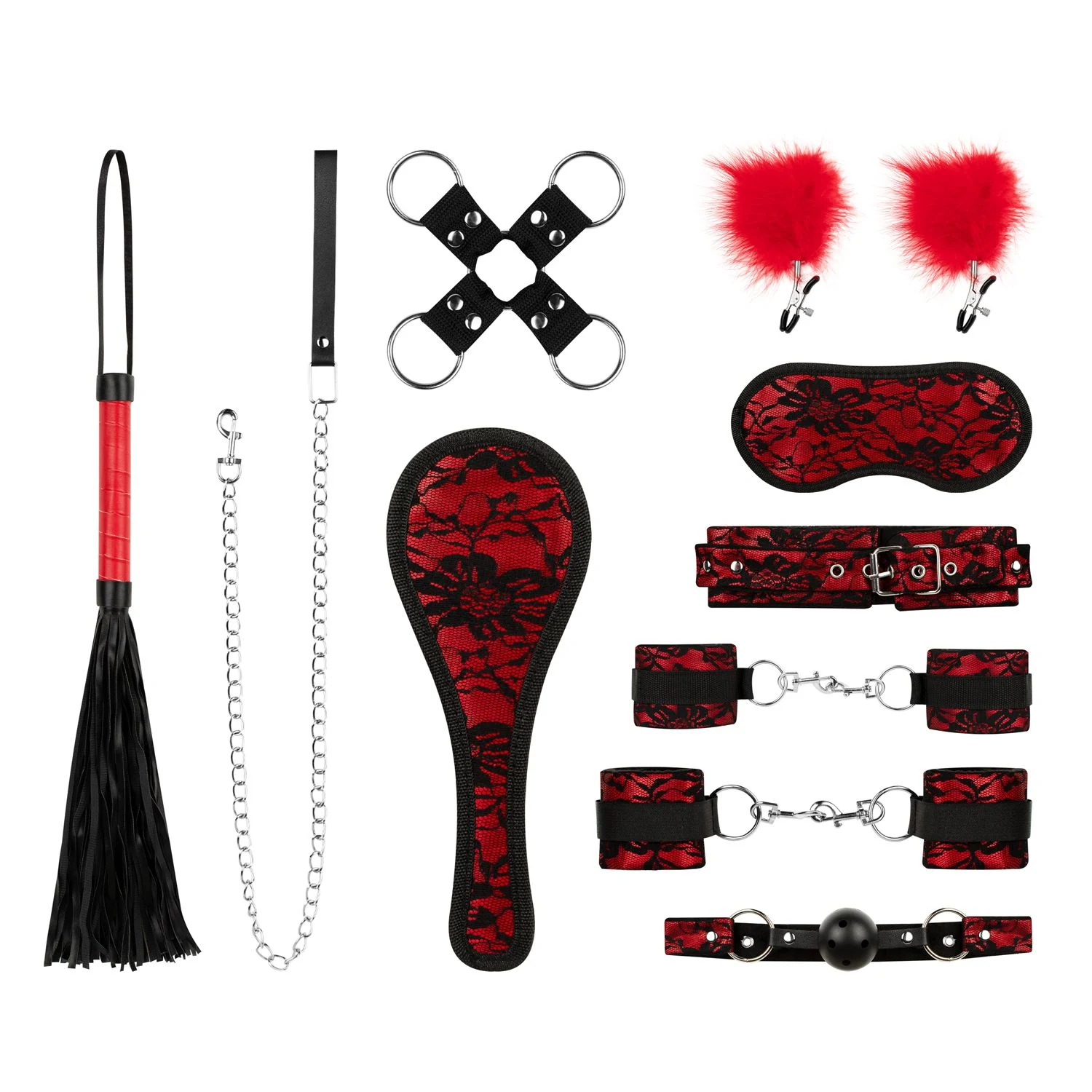 Lace & Leather Look Bondage Set rot mit Spitzenfesseln, Paddle und Handschellen
