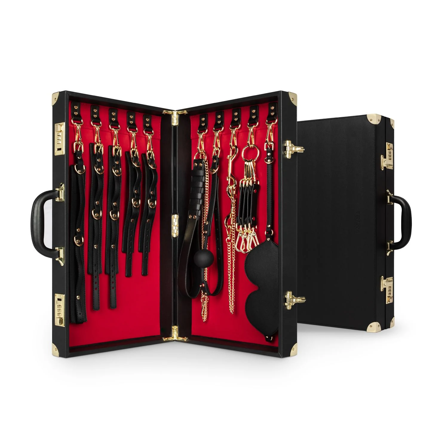 Bondage Koffer 13 Teile aus PU-Leder von Bedroom Fantasies in Schwarz und Rot