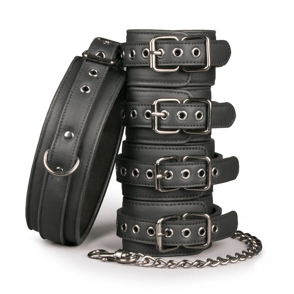Schwarzes Bondage Set mit Halsband, Hand- und Fußfesseln aus PU-Leder
