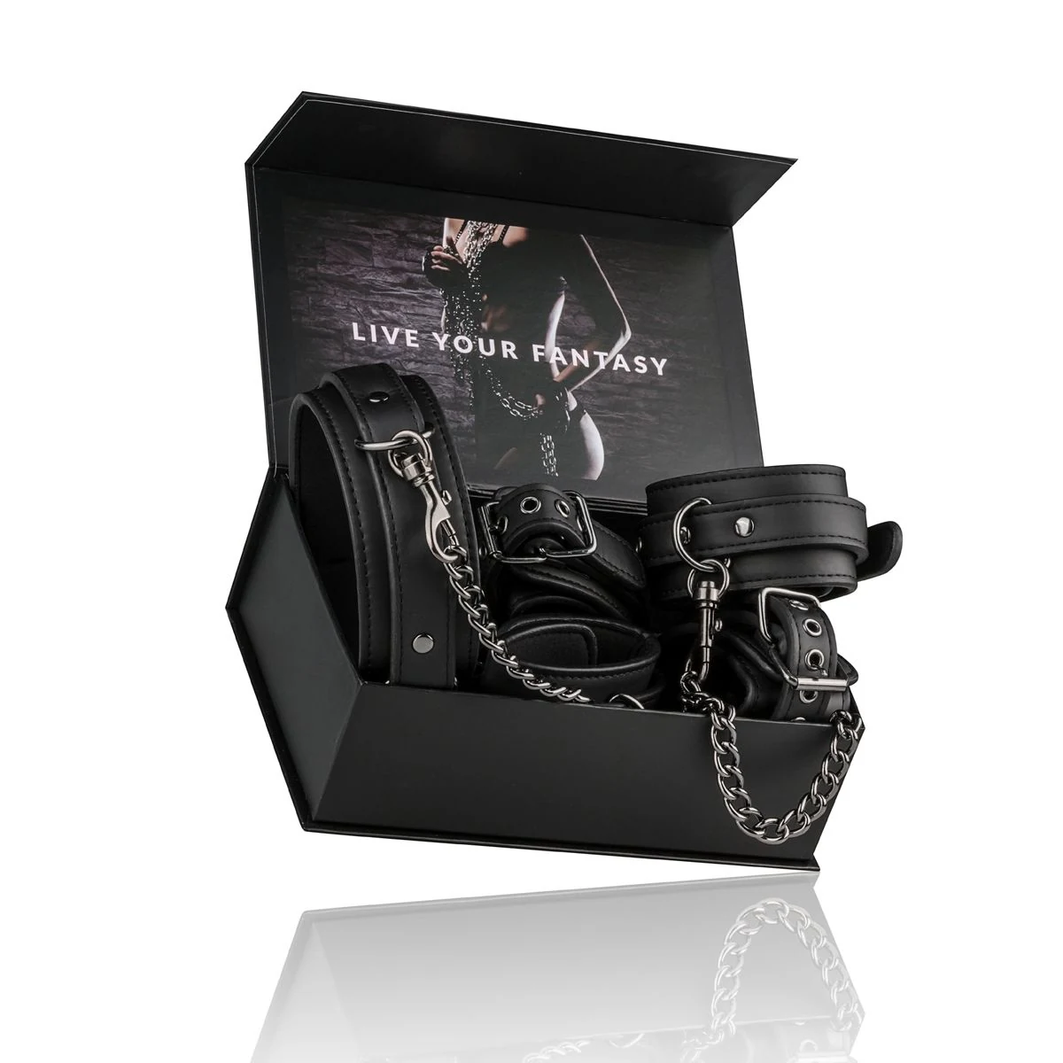 Komplettes schwarzes BDSM Set mit Halsband, Hand- und Fußfesseln