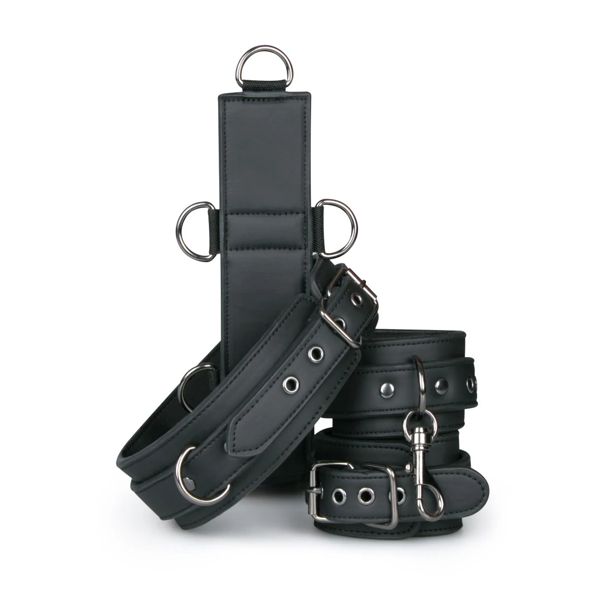 Bondage Set mit Halsband, Handfesseln und Geschirrriemen in Schwarz