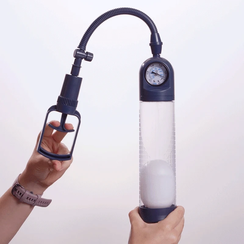 Blaue Penispumpe von Boners mit manuellem Pumpsystem und Druckmesser