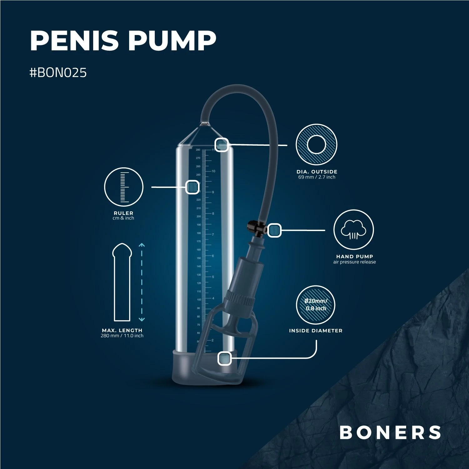 Boners Penishandpumpe mit 325 mm Länge und durchsichtigem Zylinder