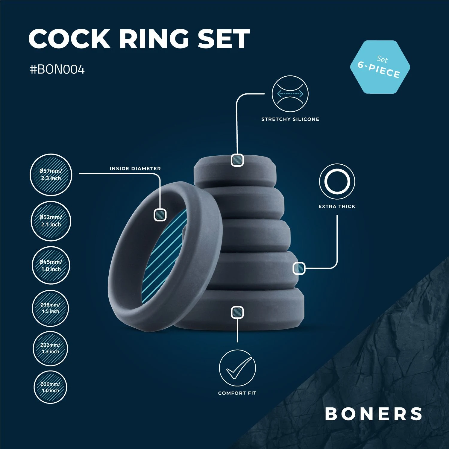 Sechsteiliges Penisring Set von Boners mit elastischen Silikonringen