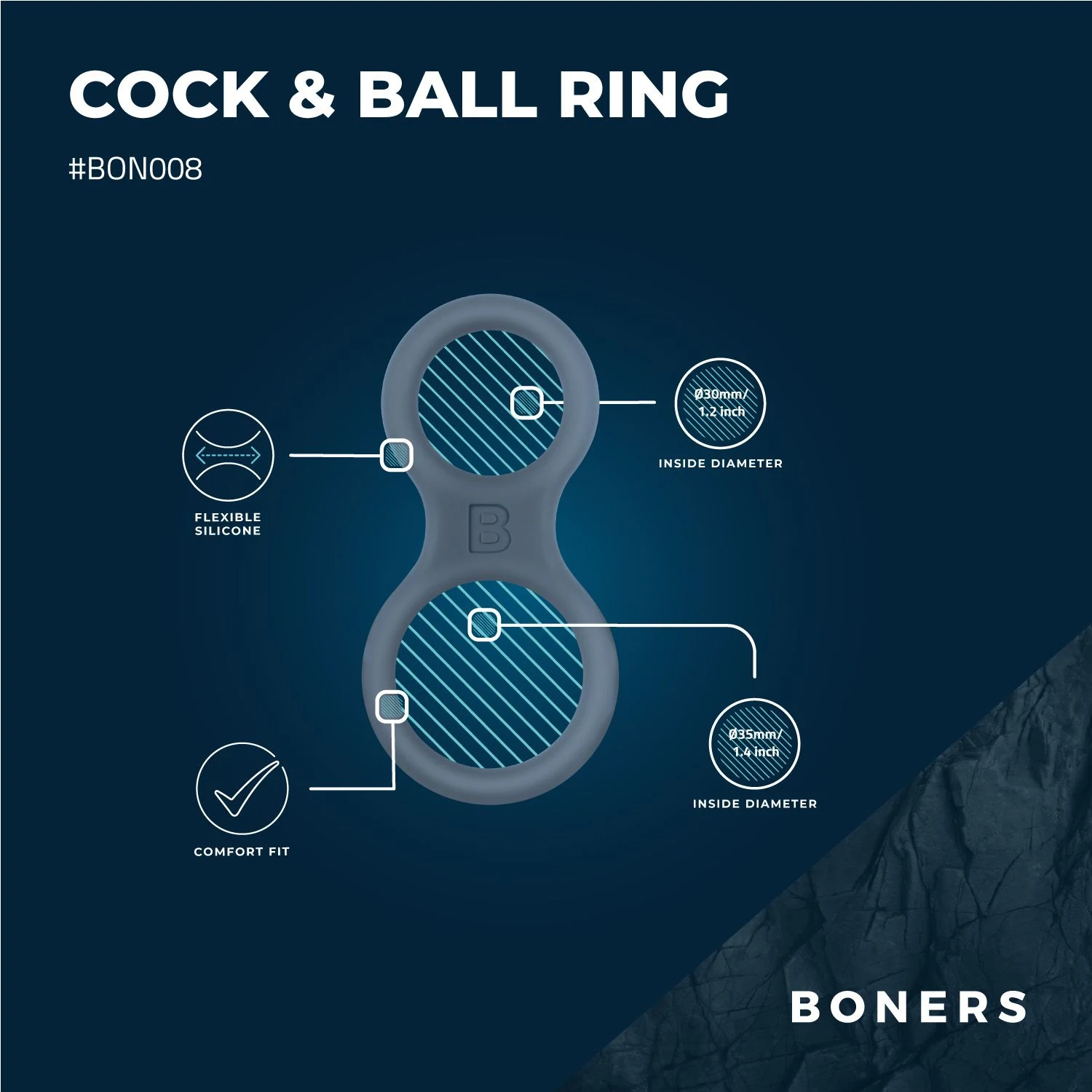 Grauer 2-in-1 Penisring und Hodenstrecker aus Silikon von Boners