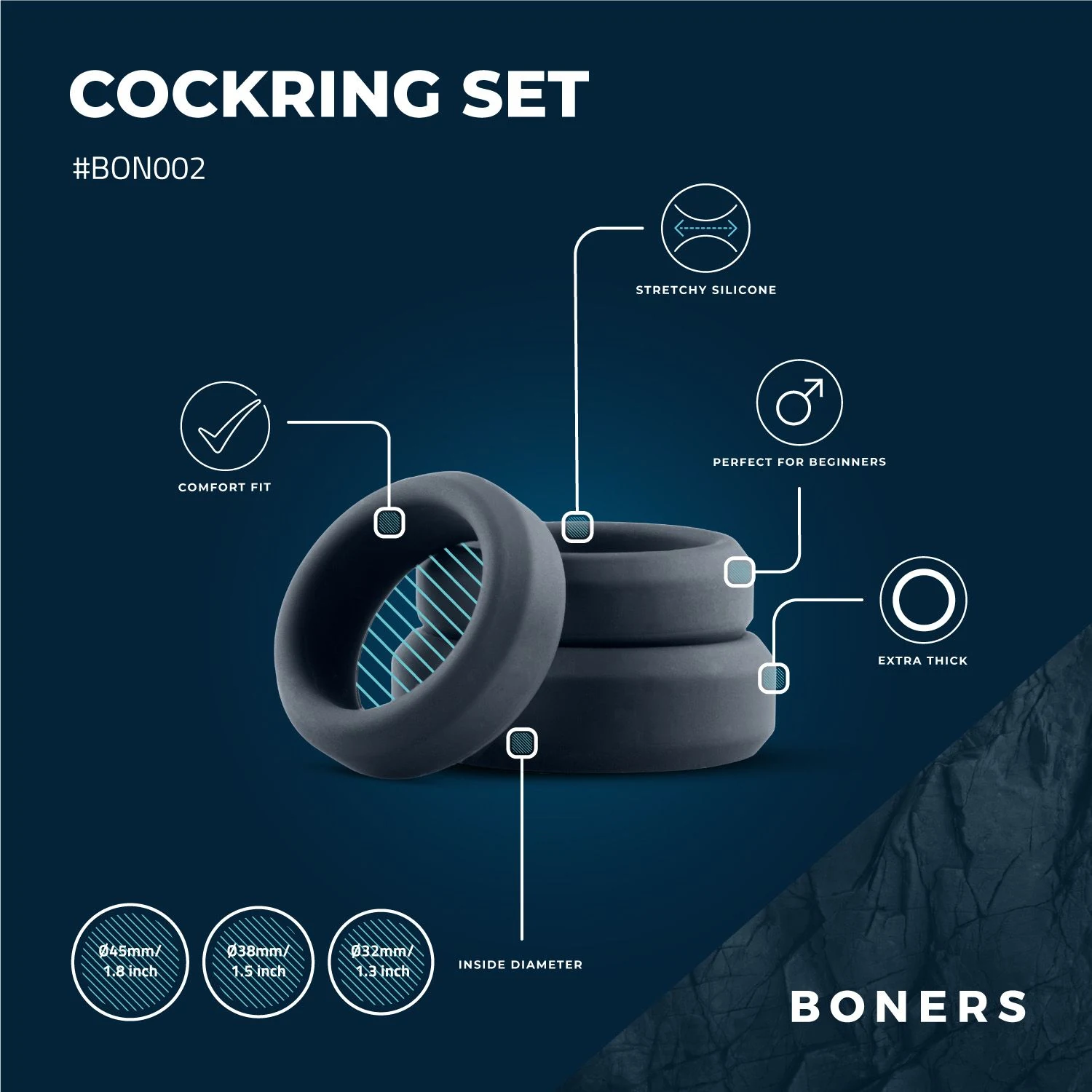Graue Silikon Penisringe von Boners mit breitem, flachem Design
