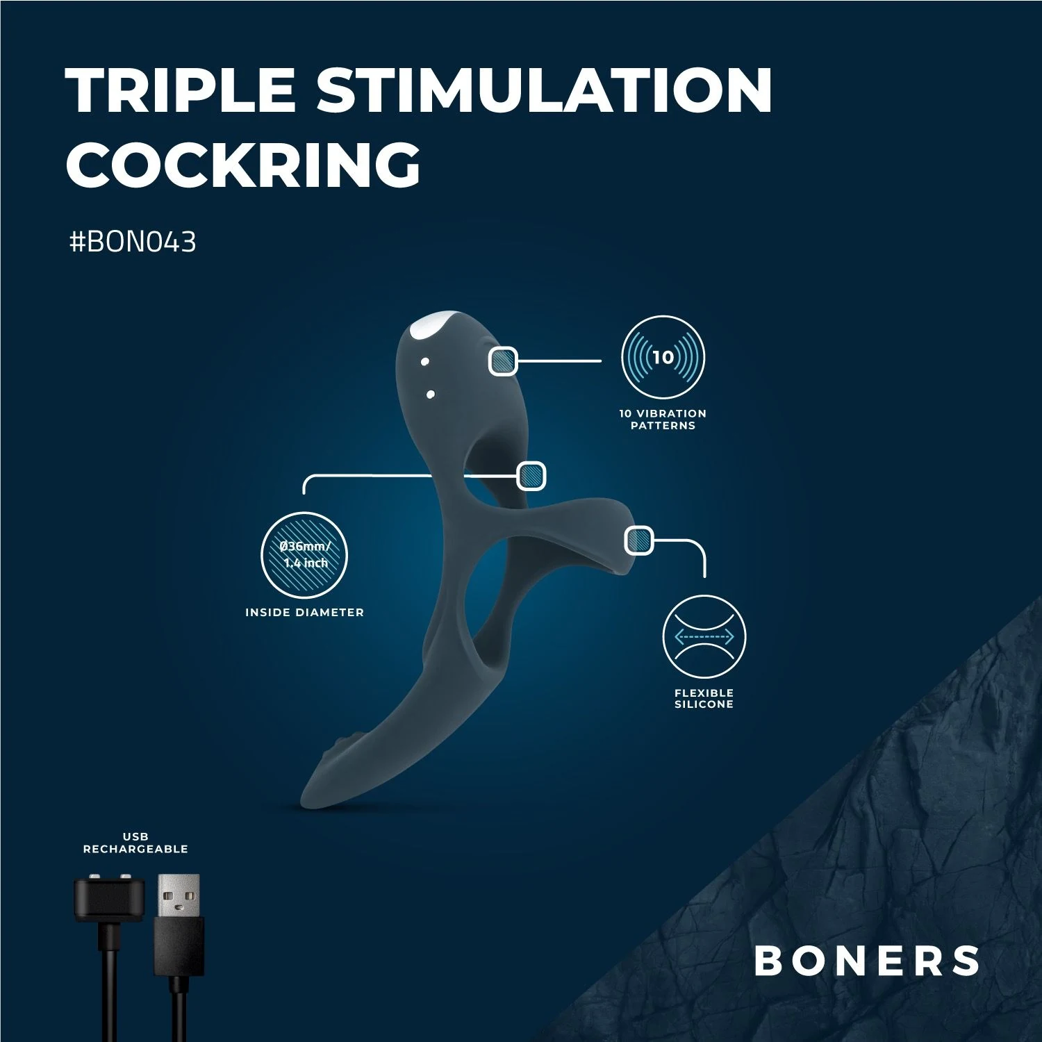 Boners Triple Penisring aus Silikon und ABS in Blau
