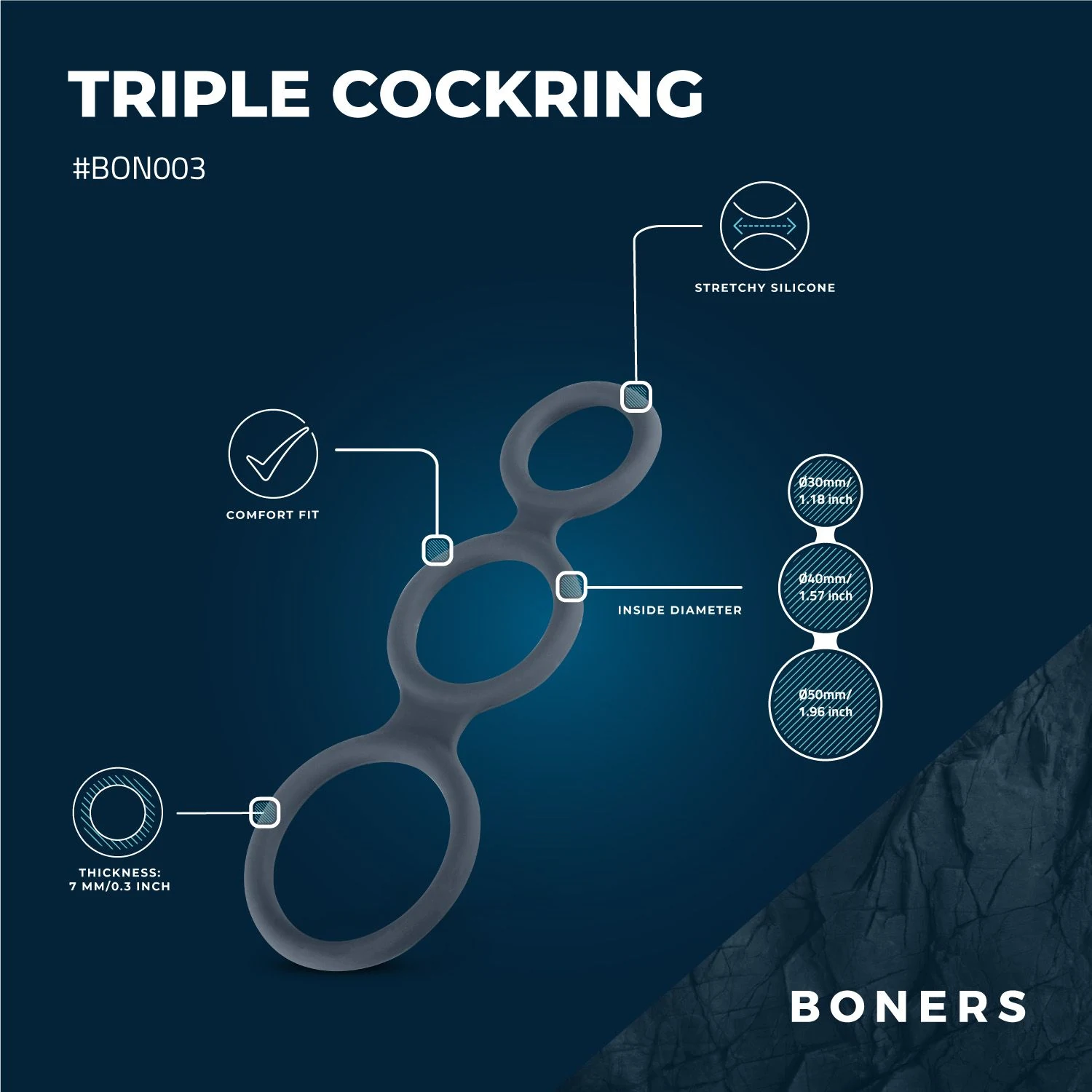 Grauer Silikon-Penisring von Boners mit Hodenstrecker