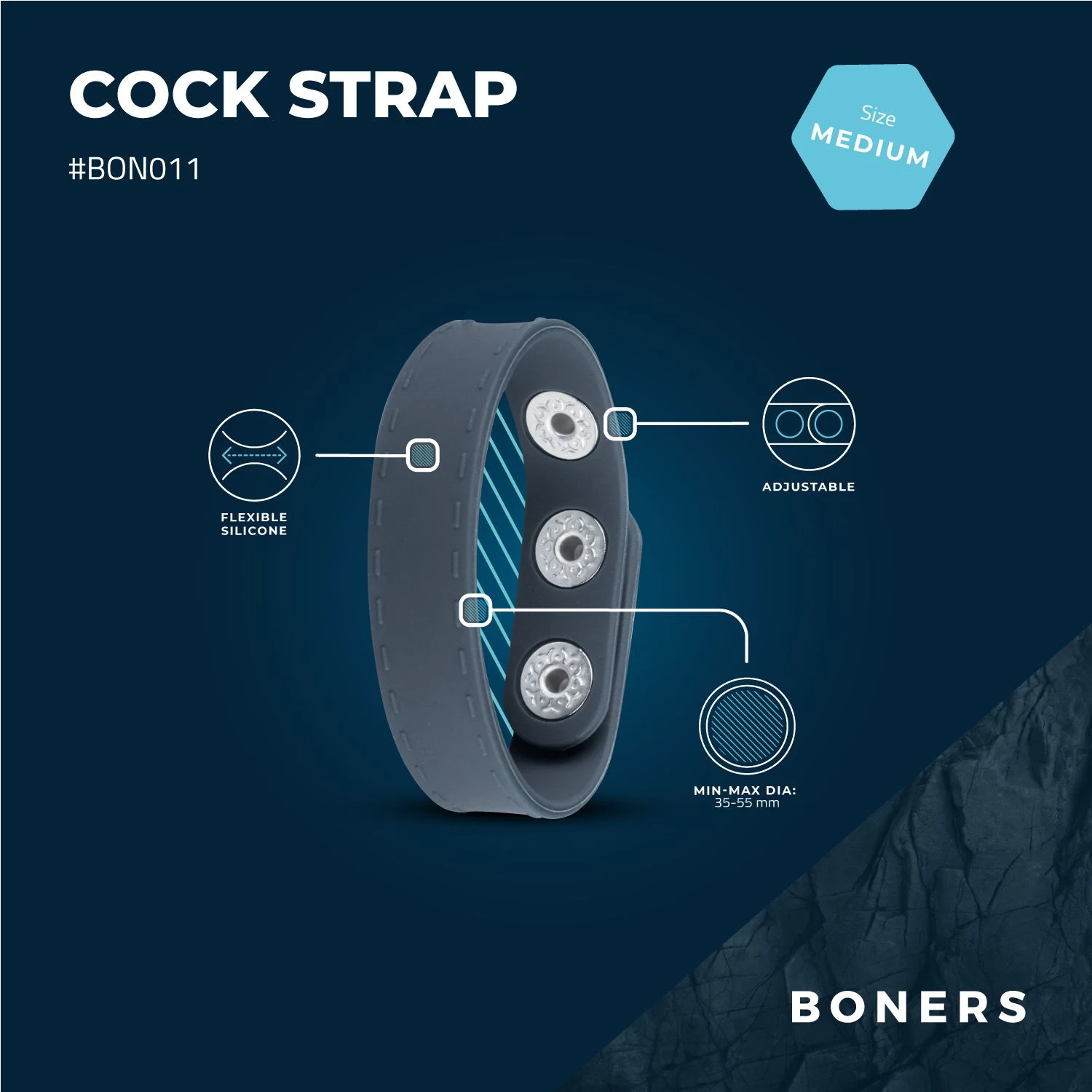 Grauer Silikon Penisring von Boners, verstellbar für Penis und Hoden