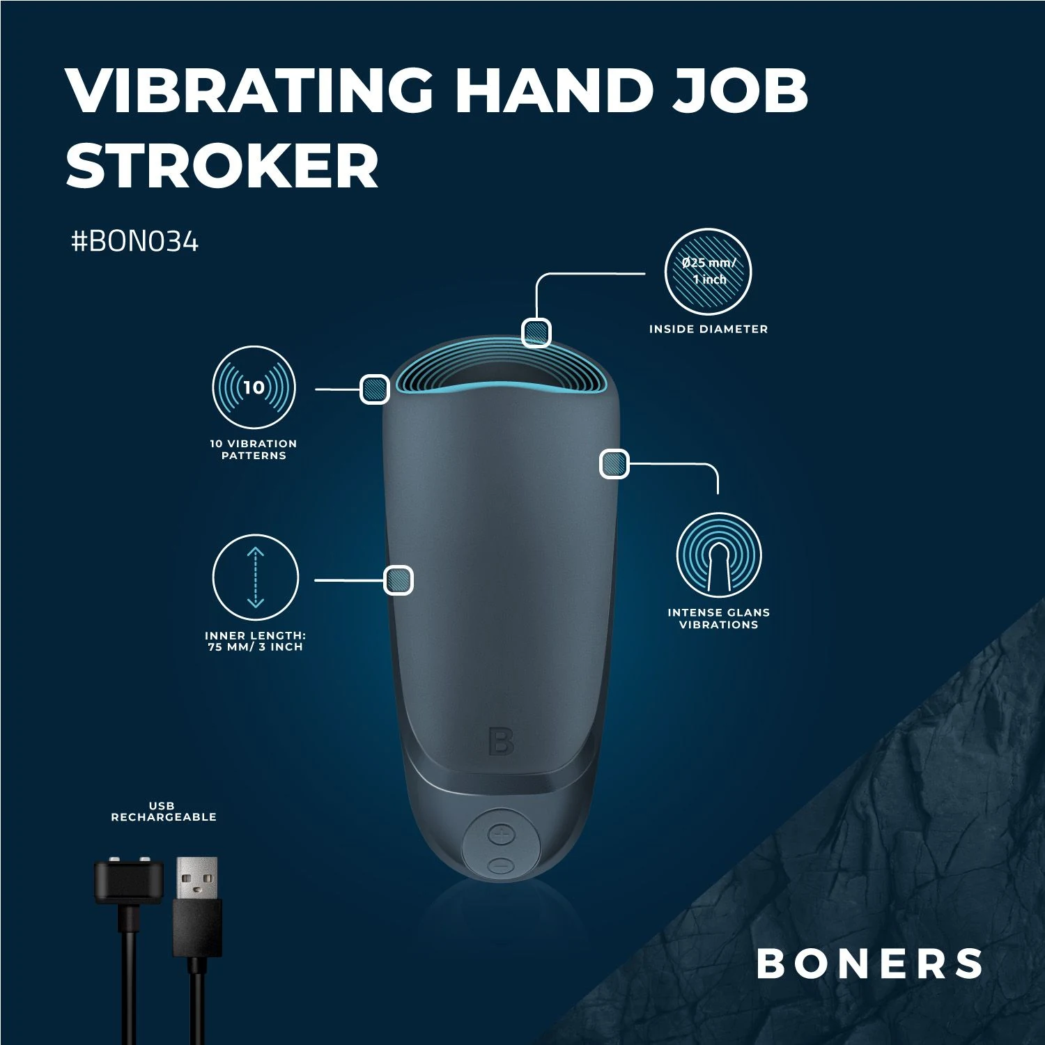 Blauer Masturbator von Boners mit USB-Ladekabel