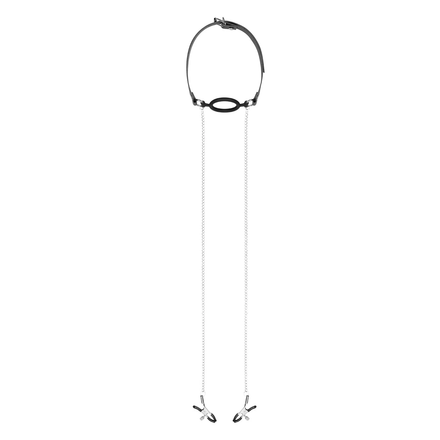 Silikon-Knebel mit Kopfband und verbundenen Brustwarzenklemmen für Nippelstimulation
