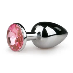 Butt Plug Metall S in Silber mit rosa Schmuckstein und schmalem Hals