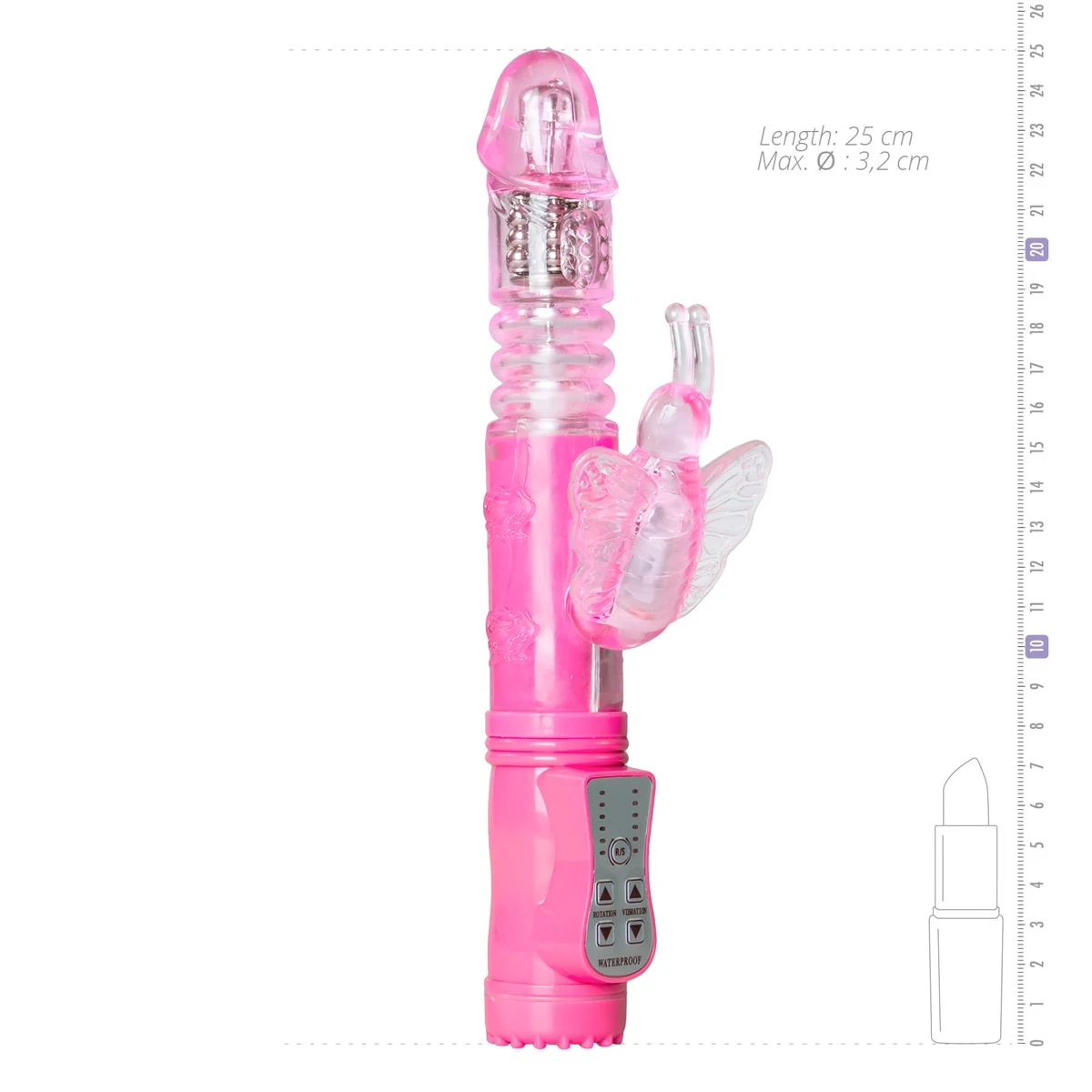 Butterfly Vibrator in Pink, 250 mm lang und 32 mm im Durchmesser