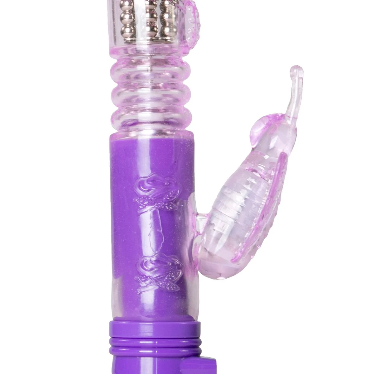 Lila Tarzan Vibrator mit Butterfly Klitorisstimulator und Perlenschaft