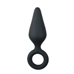 Schwarzer Buttplug mit Zugring in mittlerer Größe aus Silikon