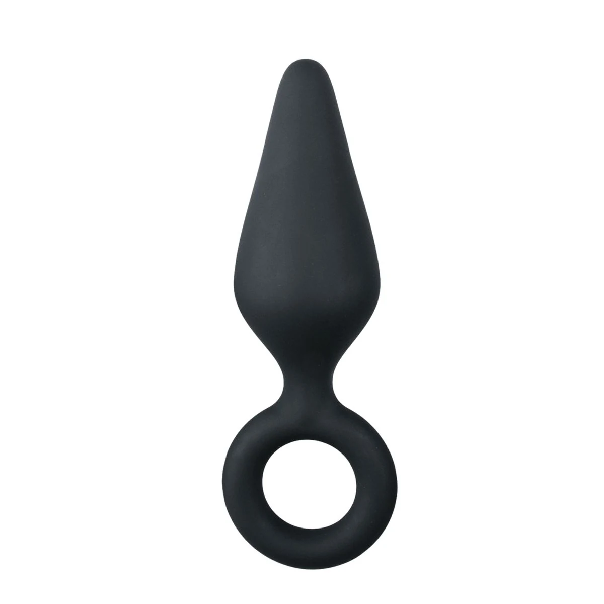 Schwarzer Buttplug mit Zugring in mittlerer Größe aus Silikon