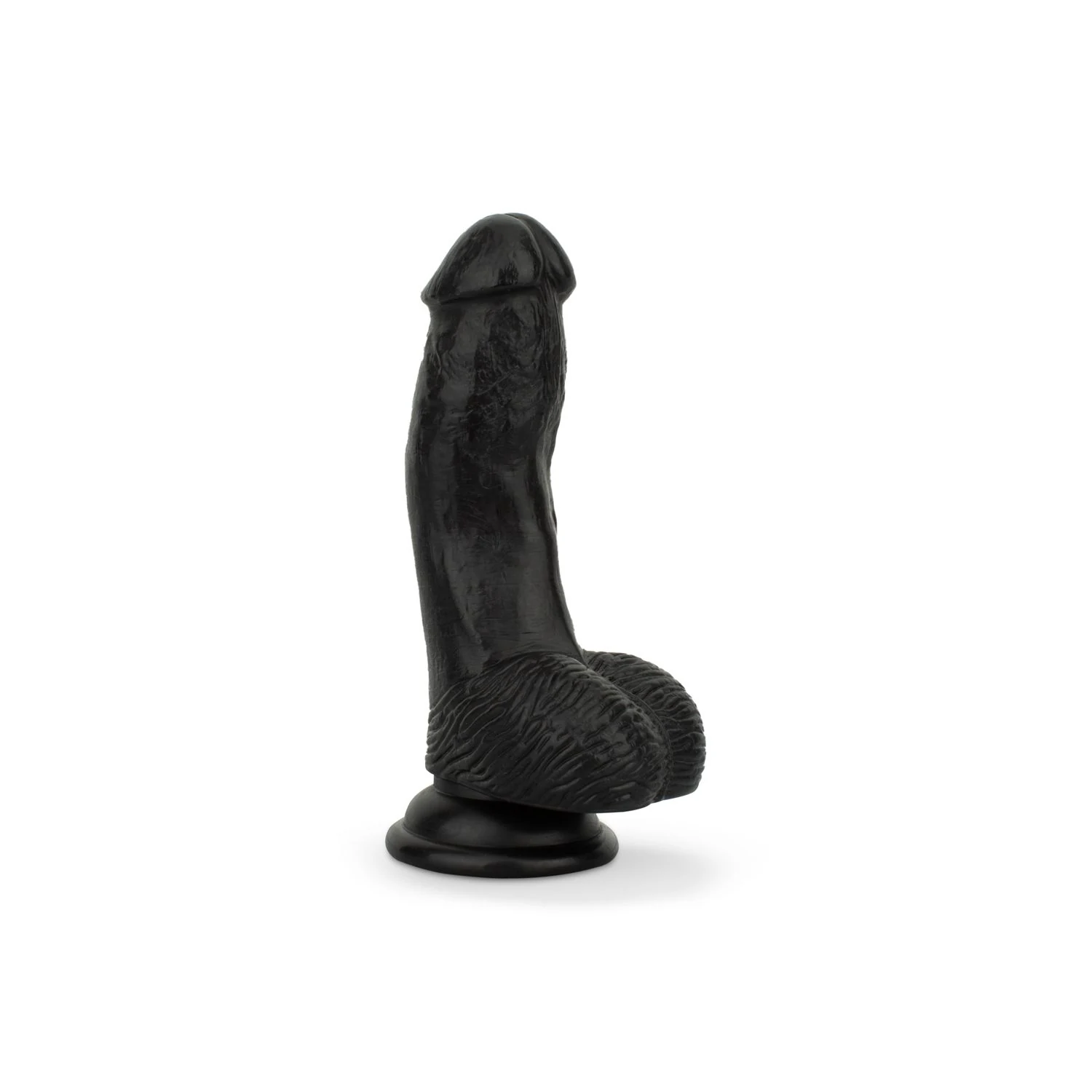 Schwarzer Dildo mit Hoden, 12 cm, gebogenem Schaft und Saugnapf