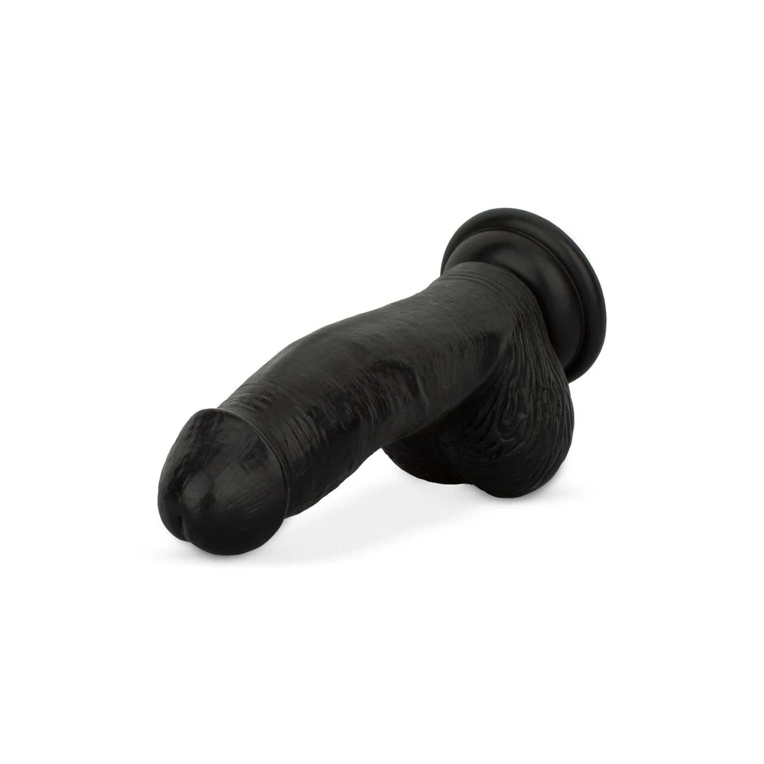 Flexibler schwarzer Dildo mit Saugnapf, gebogenem Schaft und Hoden