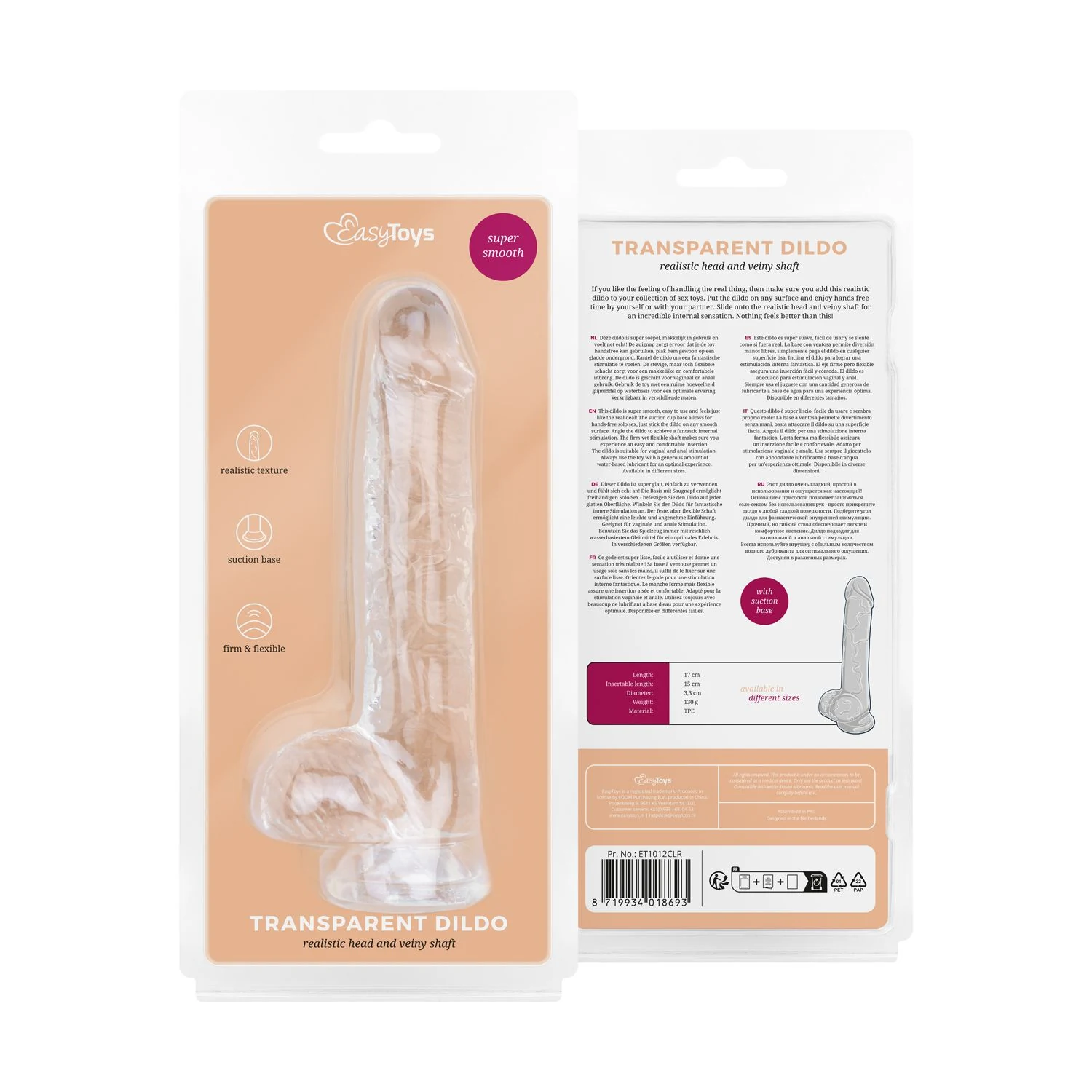 Wasserfester Dildo mit Saugnapf, transparentem Schaft und Hoden
