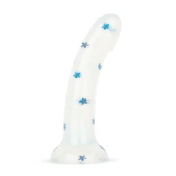 Blauer Blossom Bliss Dildo mit Saugnapf, glatte gebogene Form und Glitzerdesign