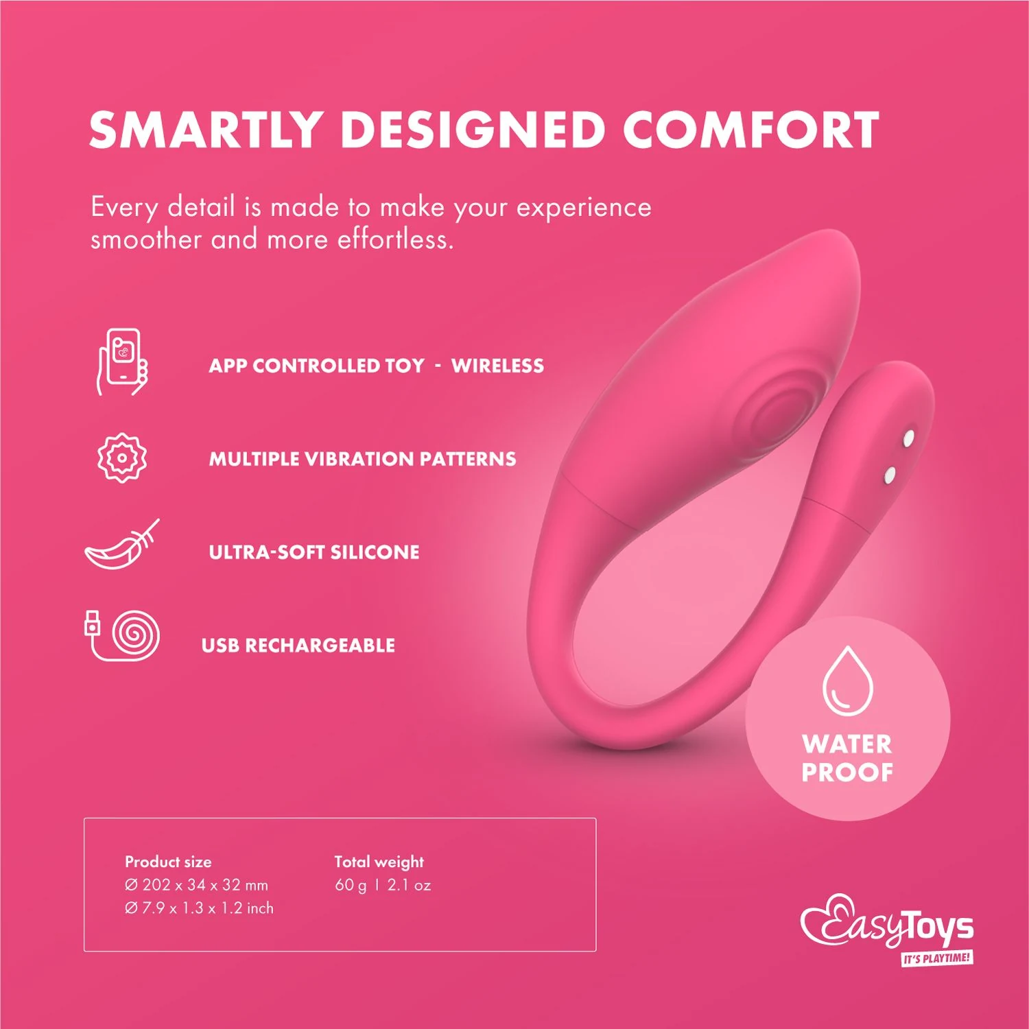 EasyConnect Aria in Rosa mit variierenden Vibrationen und USB-Ladekabel