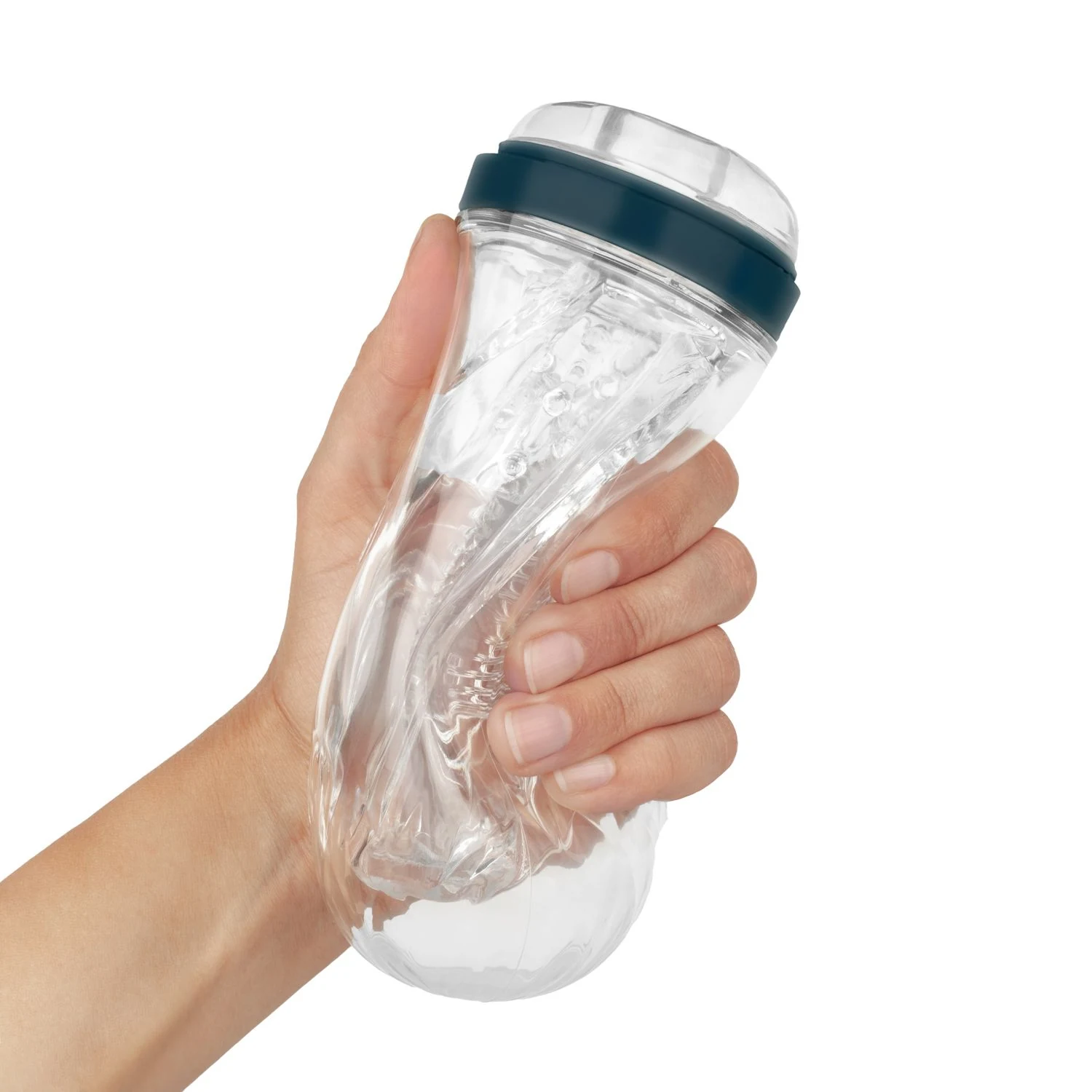 Transparenter Masturbator mit 140 mm Einführtiefe und strukturierter Hülle