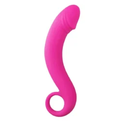Gebogener Prostata Dildo aus rosa Silikon mit runder Spitze und Zugring