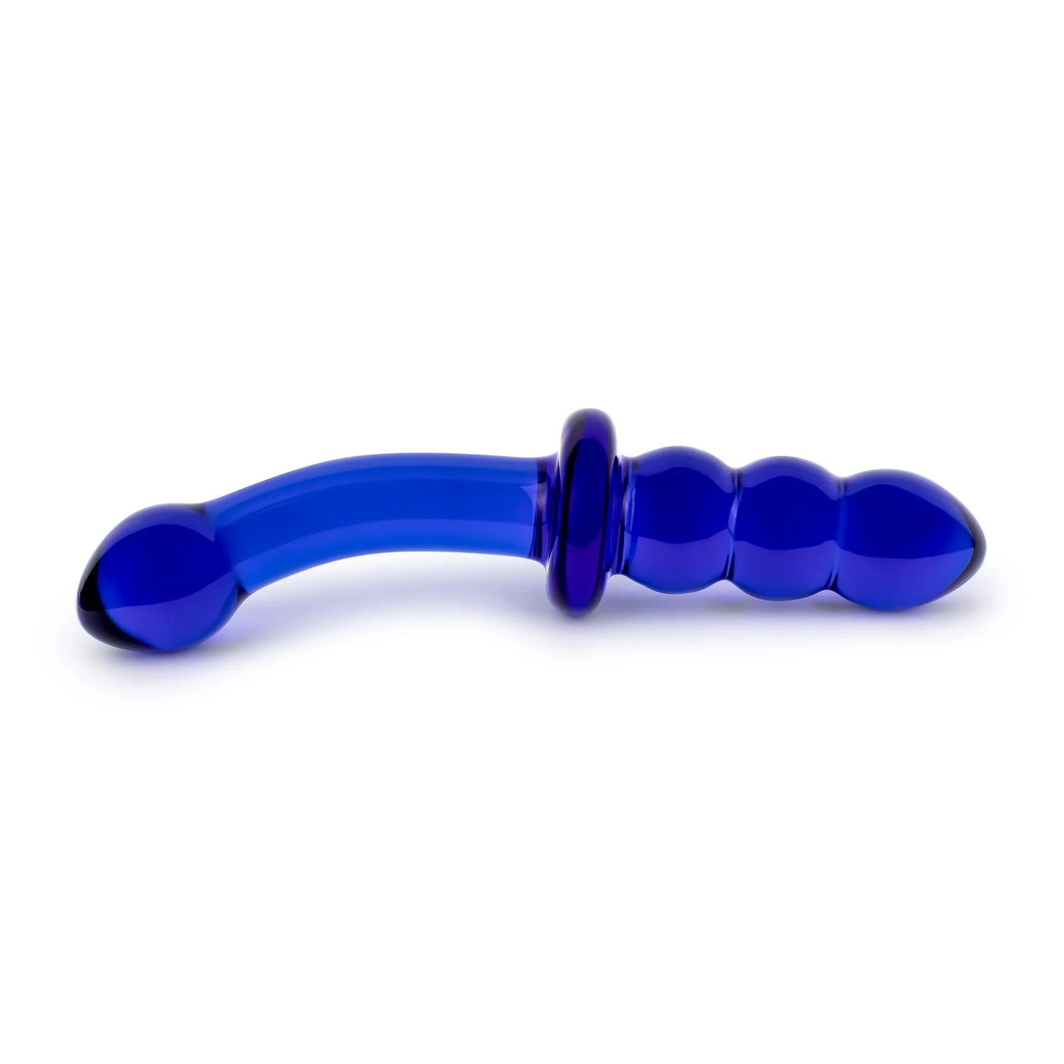 Blauer Doppeldildo aus Glas mit glatter Seite und Rillen