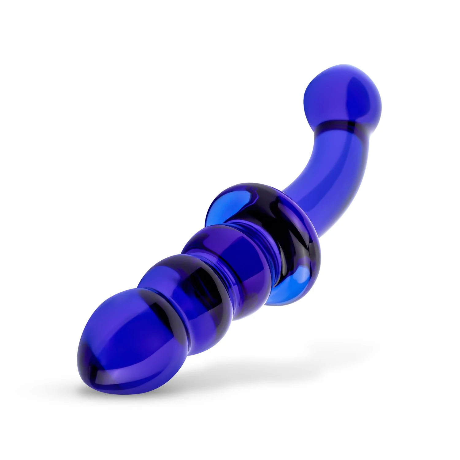 Blauer Glas-Doppeldildo mit stimulierenden Rillen und glattem Ende