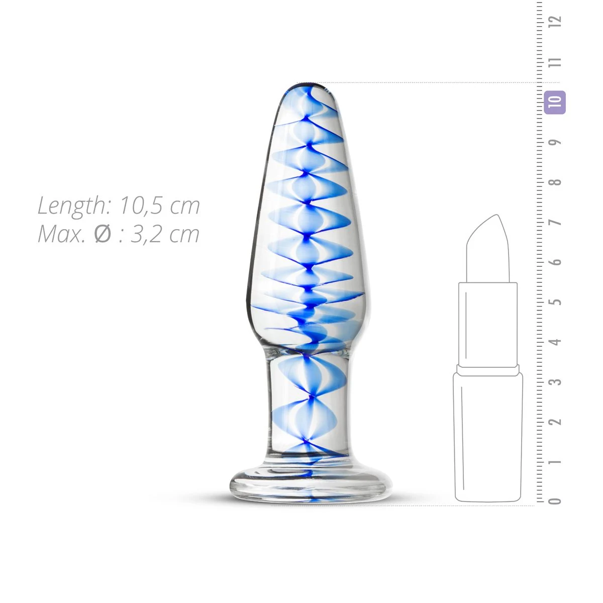 Durchsichtiger Analplug aus Glas mit blauem Spiraldesign im Schaft