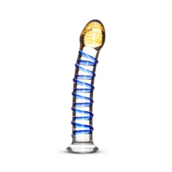 Gildo Glasdildo G-Spot/Prostata No. 1, transparent mit blauen Rillen und gelben Streifen