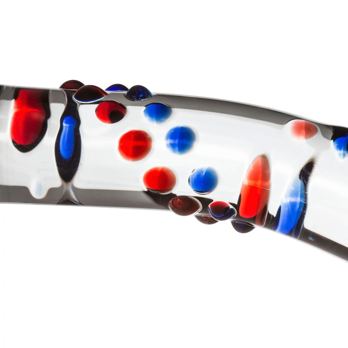 Durchsichtiger Dildo aus Glas mit blauen und roten Details am Schaft