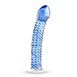 Gildo Glasdildo Nr. 5, 18 cm, transparent mit blauen Streifen und gebogenem Schaft