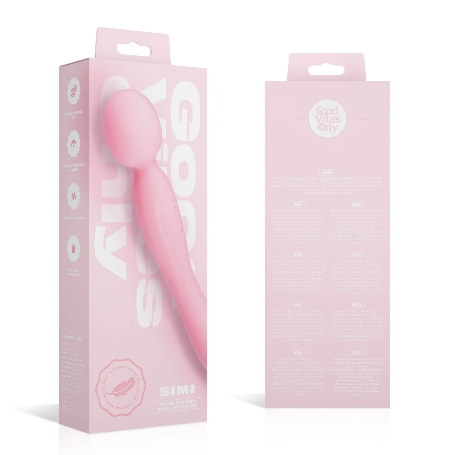 Rosa doppelseitiger Vibrator Simi mit diskretem Aufbewahrungsbeutel