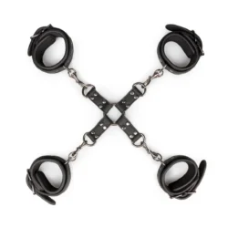 Hogtie Fessel-Set in Schwarz mit Hand- und Fußmanschetten aus PU-Leder und Metall