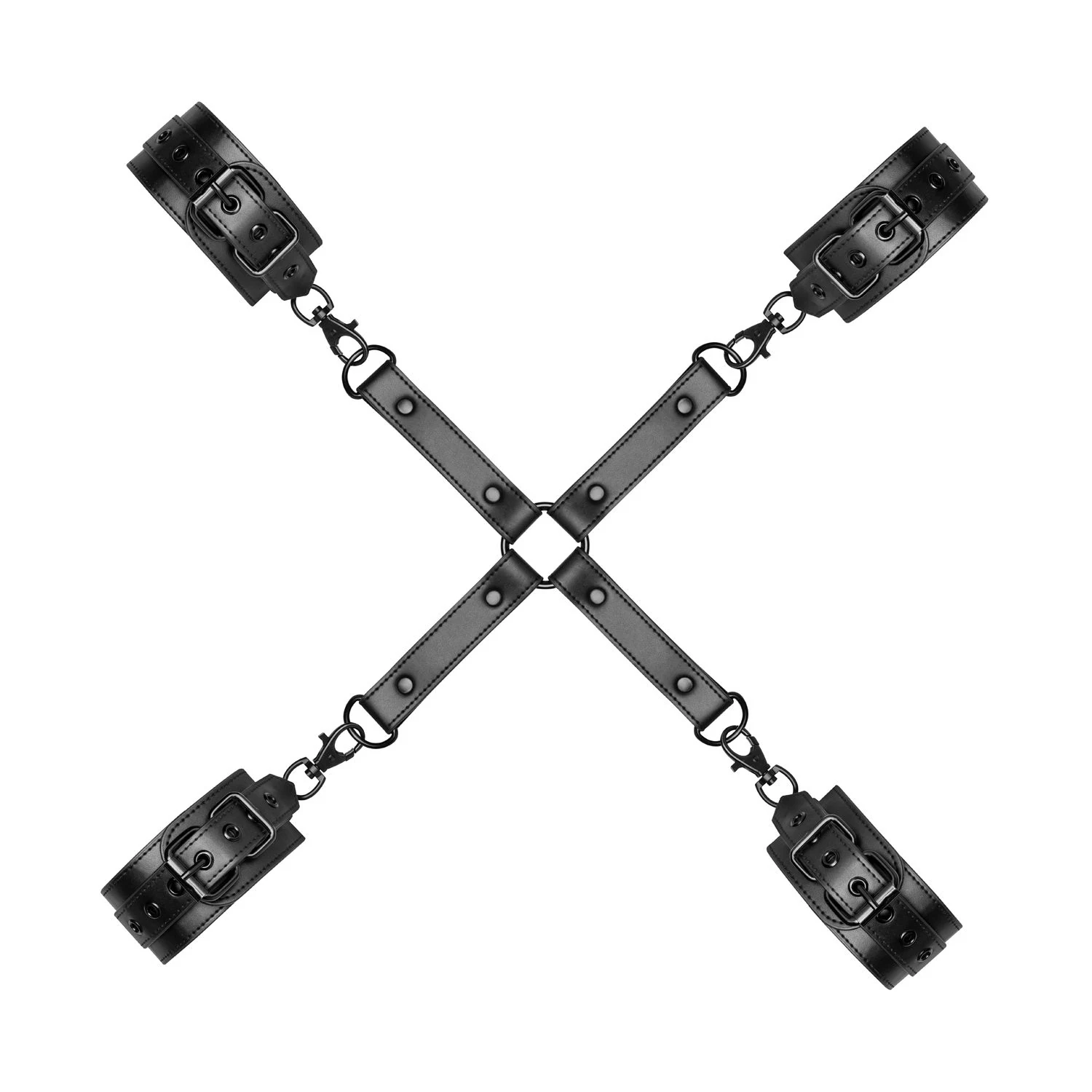 Schwarzes Hogtie-Set mit vier verstellbaren Fesseln und Clips